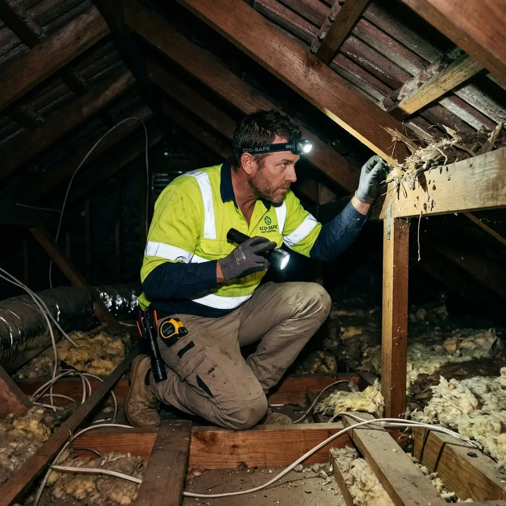 Technician inspecting a roof cavity for a dead animal in Wonga Park